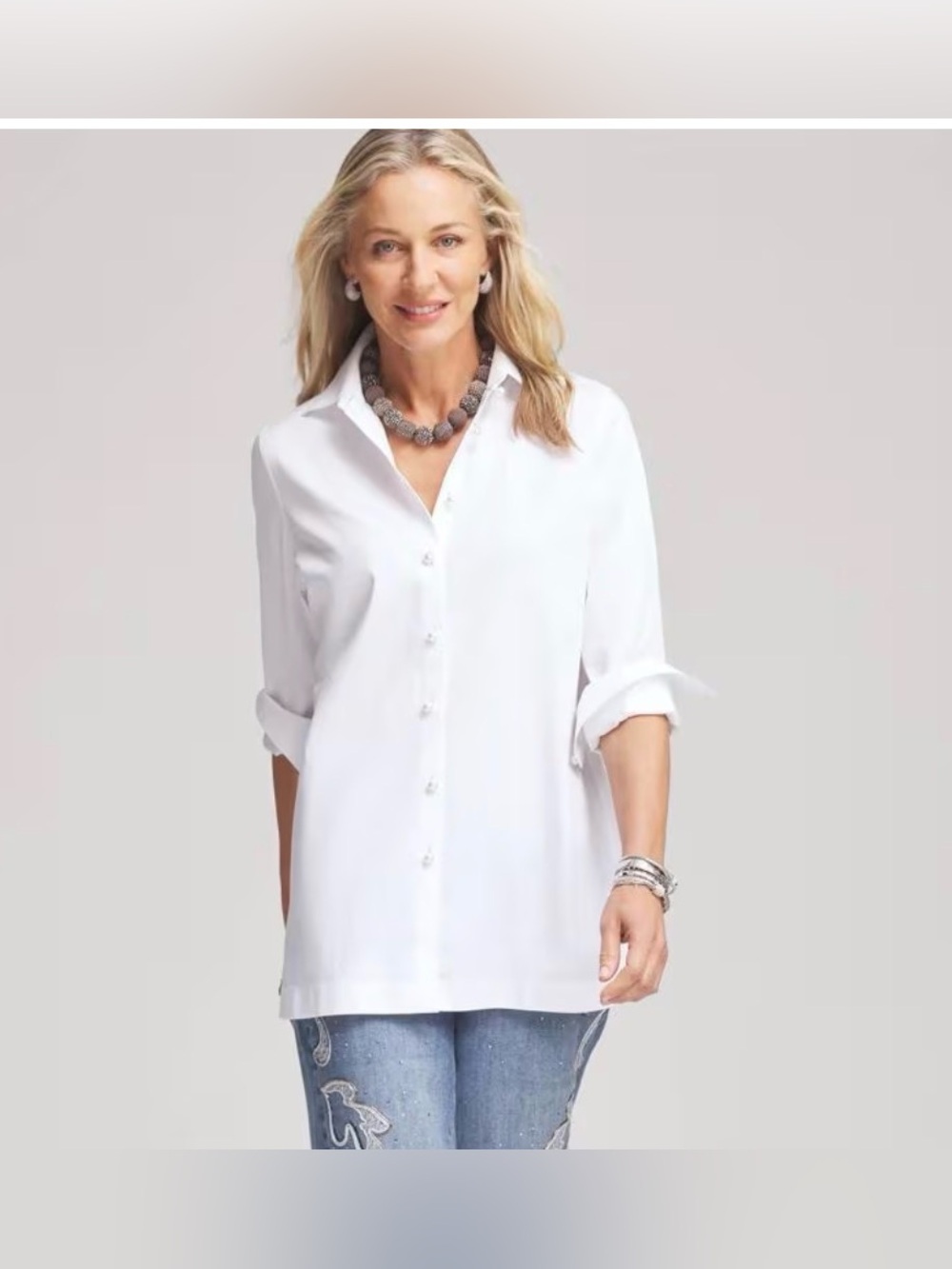 Chico's White Button-Down Tunic Shirt